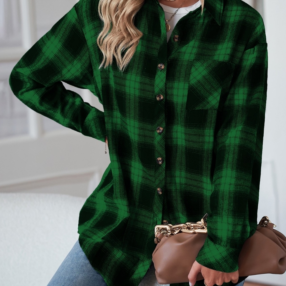 BACK IN STOCK! 🔥Green Plaid Curved Hem Longline Shirt - Picture 2 of 4
